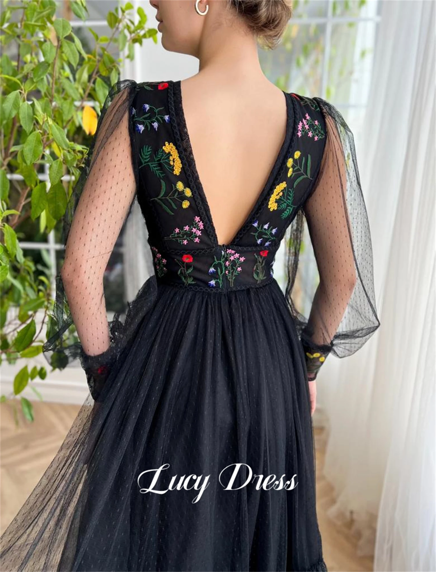 Lucy Prom Black Floral Embroidery Fabric Medium Length Party Dress Lace Cocktail Women\'s Evening Elegant Dresses Luxury Gown