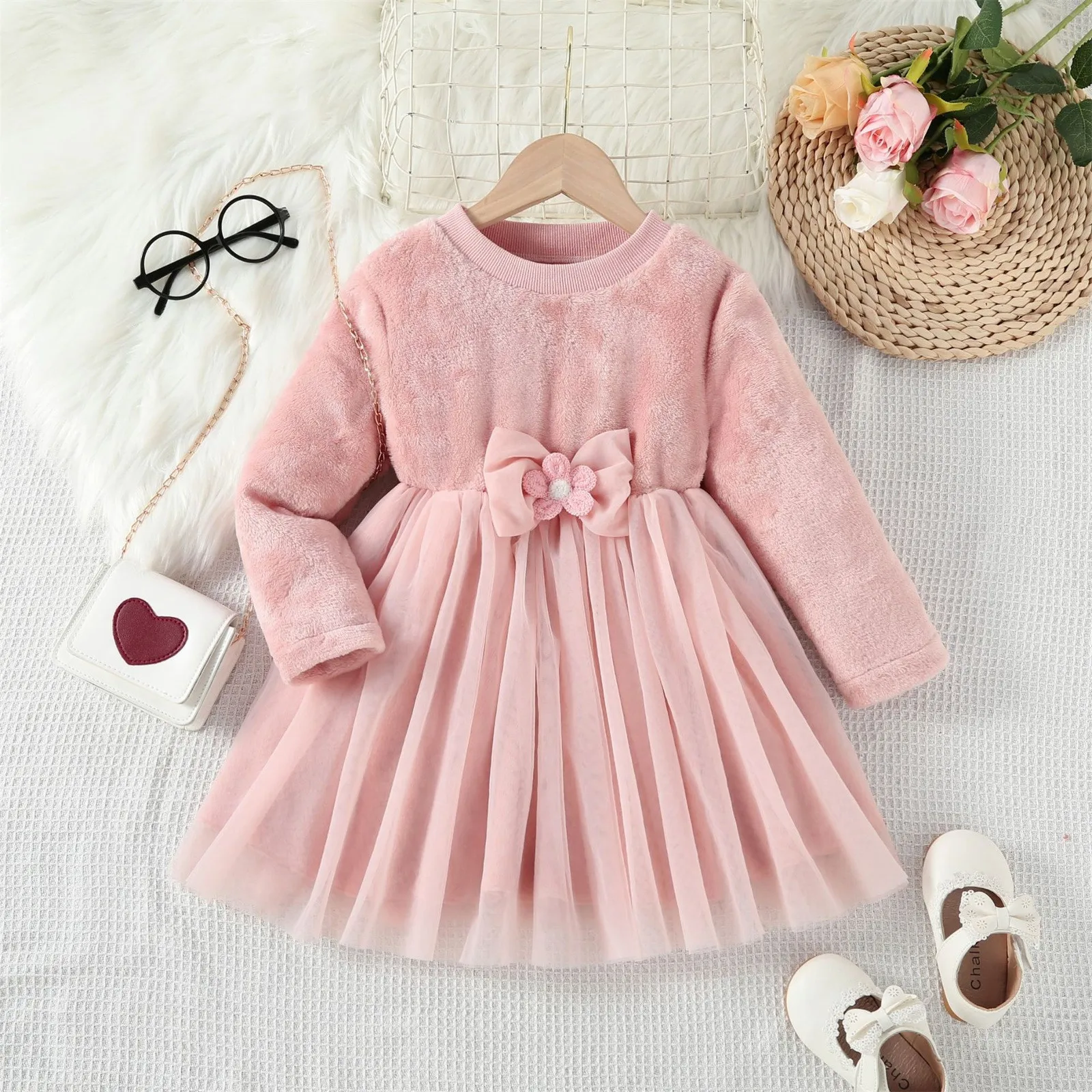 Bow Tie Fleece Warm Princess Dress For Girls 3 4 5 6 7 Years Kids Girls Solid Color Long Sleeve Mesh Tulle  Dress Party Outfits