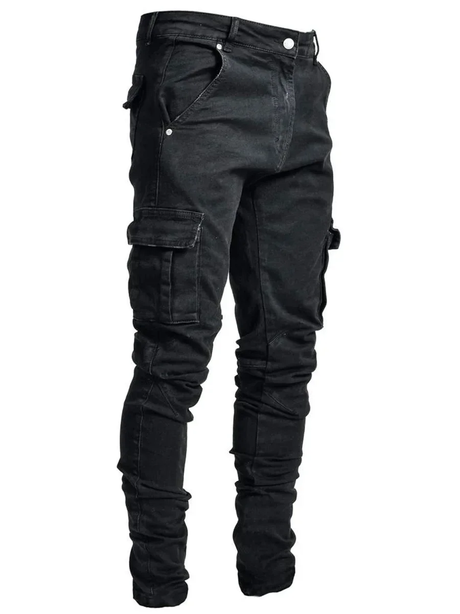 Mens Stretch Jeans Black Big Side Pockets Cargo Jeans Fashion Zipper Small Foot Denim Pants Elastic Jogging Trousers Streetwear