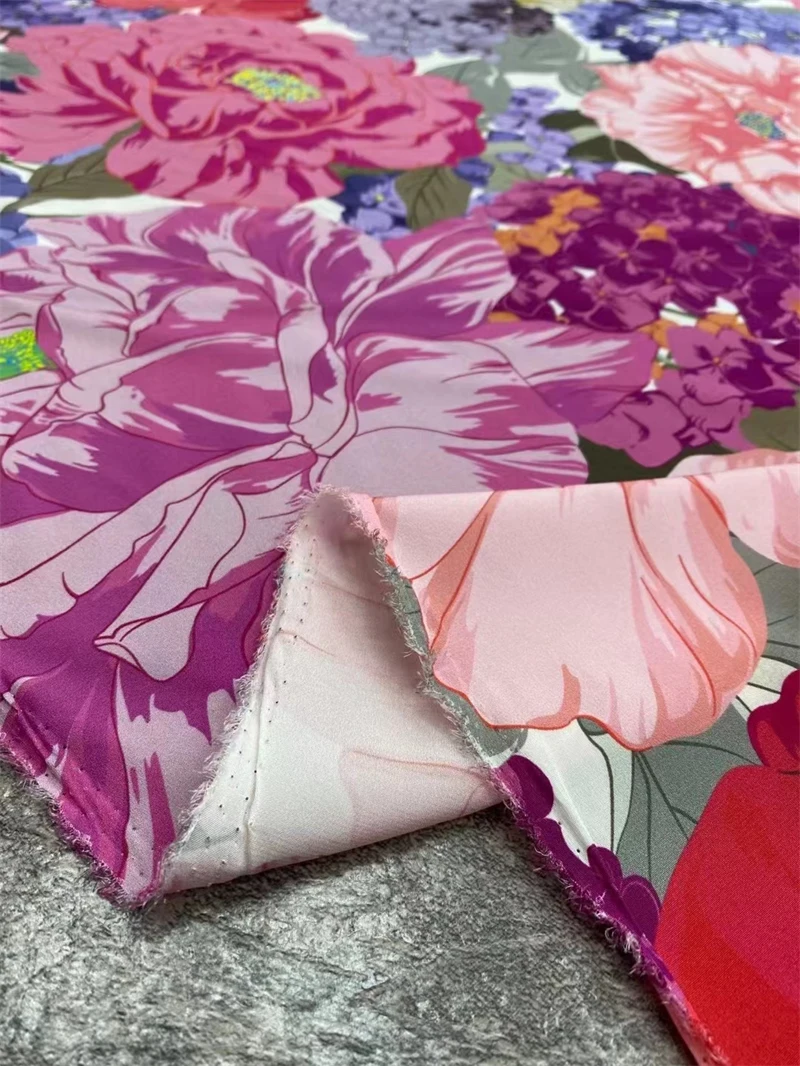 Brand V Family Hydrangea Macrophylla Big Flower Printing Silk Dress Fabric Luxury High-end Crepe De Chine Silk Fabric Per Meter