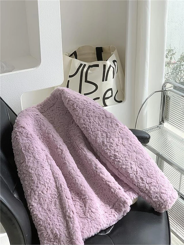 Moda falso lã de cordeiro jaqueta de pele feminina outono duplo breasted o pescoço colheita casaco feminino coreano elegante macio pele do falso outerwear