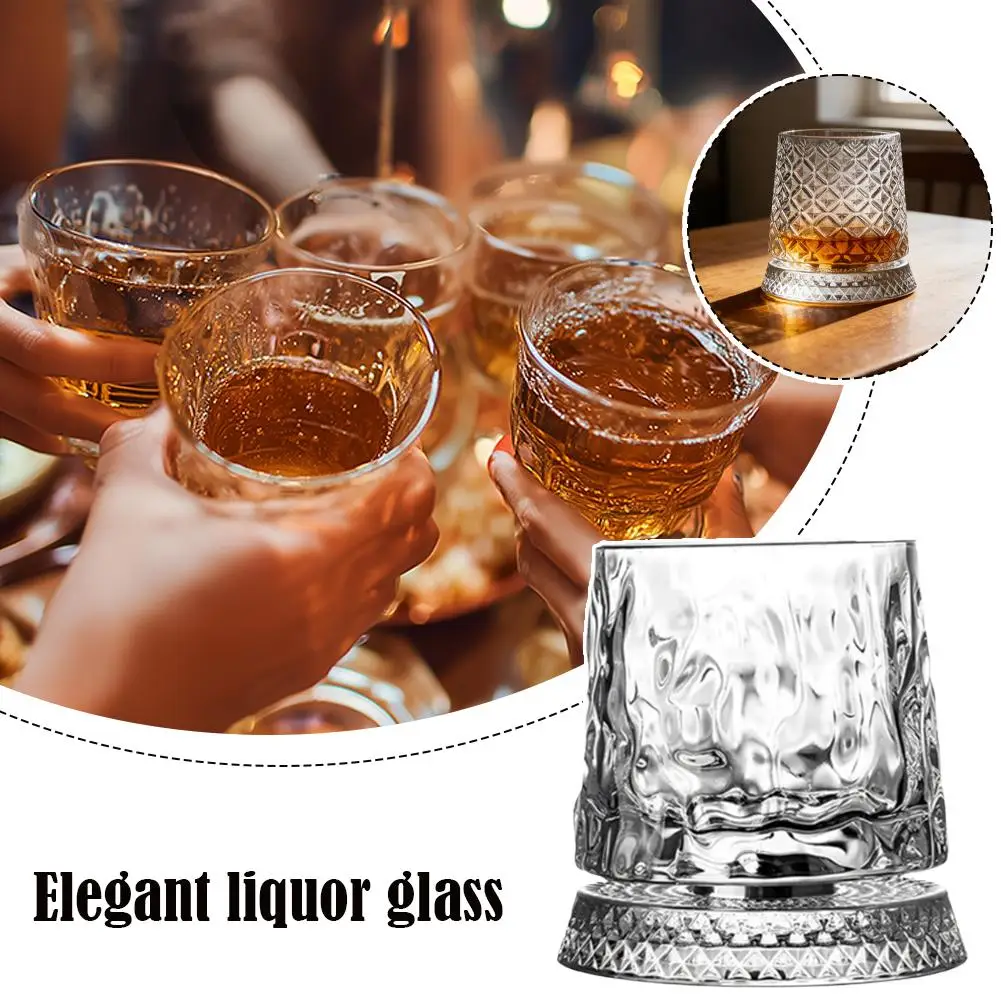 Vaso giratorio para whisky de 280 ml con base pesada de cristal, diseño de diamante con patrón de burbujas de hielo, para uso en el hogar o bar.
