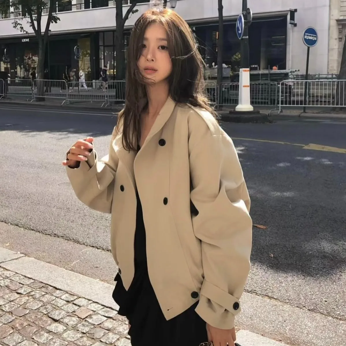 Casual Loose Cotton Workwear Jacket Double Row Buttons Stand Collar Korean Chic Early Autumn Fashion Small Size Women's Coat