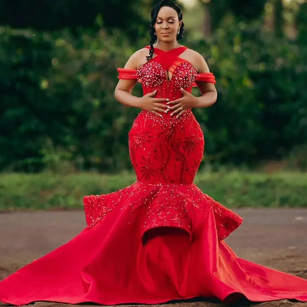 Red Mermaid Prom Dresses Across Neck Off The Shoulder vestidos de noch Lace Appliques Plus Size Evening Dress For African Women