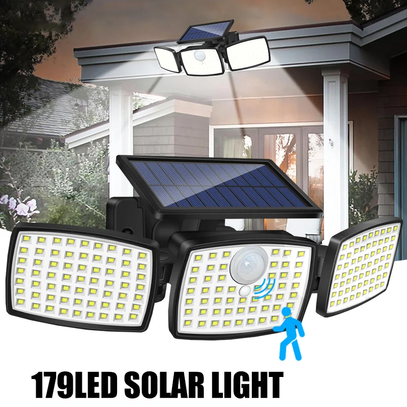 179 LED-Solarleuchten, Außensensor, 3 Köpfe, solarbetriebene Flutlichter, IP65, wasserdichte Sicherheitsleuchten, PIR-Bewegung für den Garten