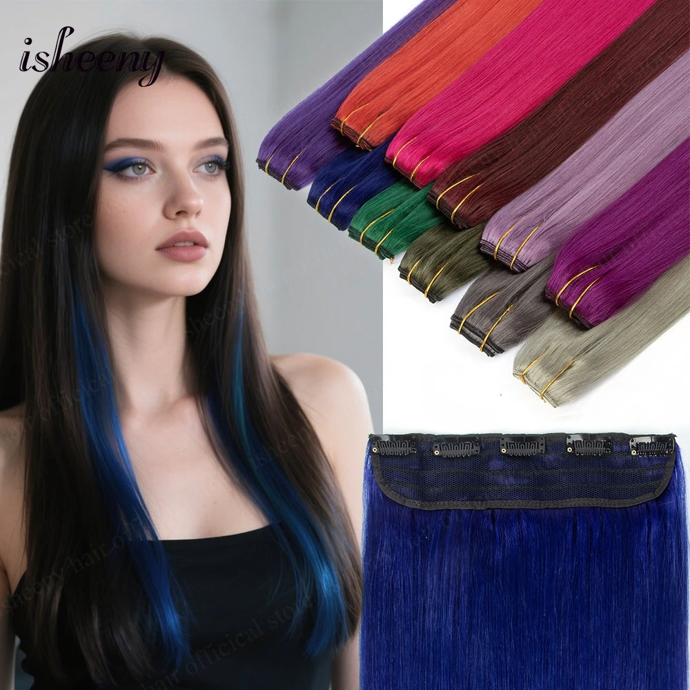 

16inch One Piece Clip-in Human Hair Straight 5 Clips on Double Hair Weft Clip Hair in Hair Extensions Fancy Colors