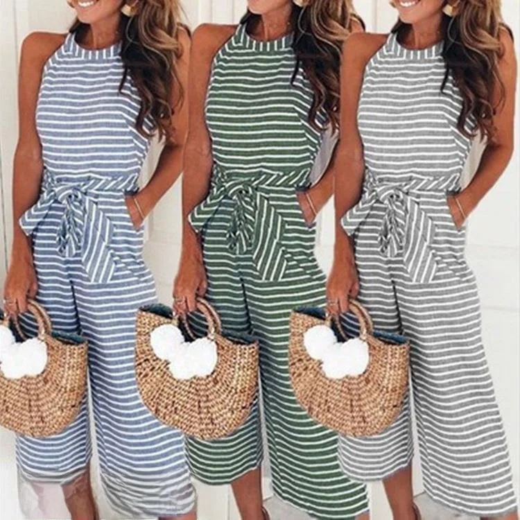 

Striped Lace-Up Jumpsuit Low-Waist Nine-Piece Pants Polyester Fiber Summer 2024 Women's One-Piece Suit Faionable Trendy