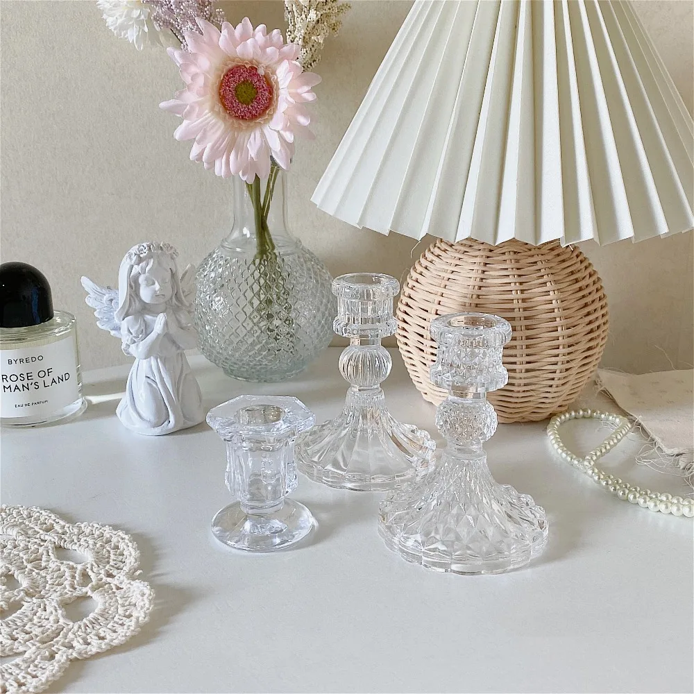 Vintage Clear Crystal Glass Candlestick Valentine\'s Day Romantic Candlelight Dinner Shooting Props Home Wedding Decoration