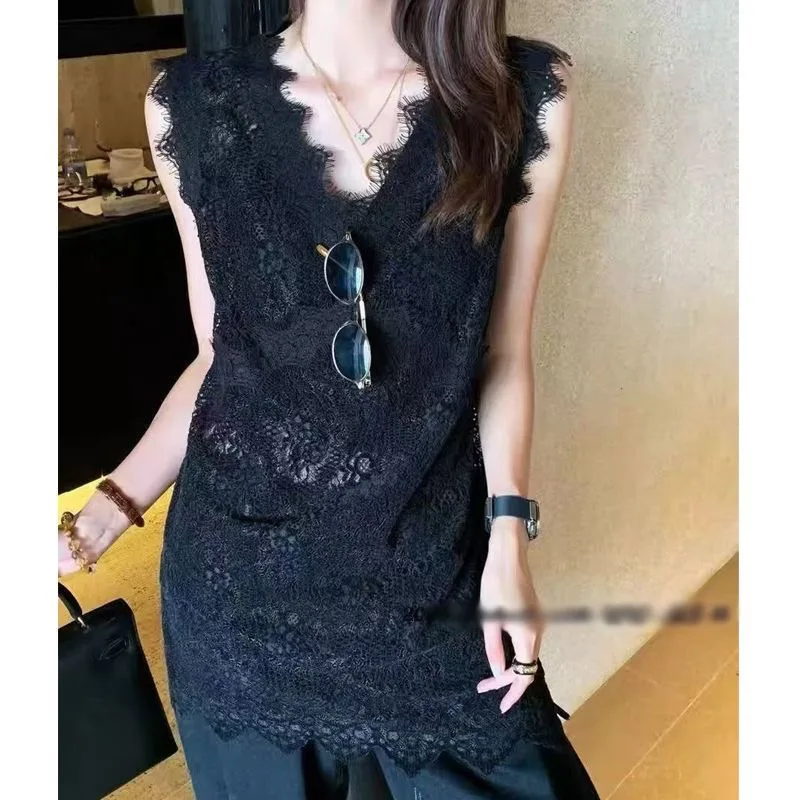 Abito senza maniche in pizzo con scollo a V trasparente a uno strato Primavera Estate Donna Abiti copricostume sexy scavati in cammello nero caffè