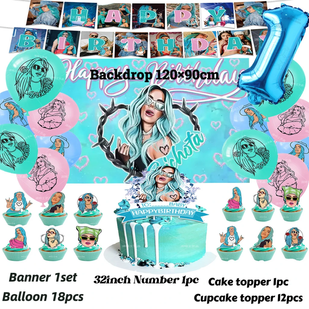 Blue Karol G Theme Girl's Birthday Party Supplies Decorative Cartoon Lantex Balloon Banner Backdrop Cupcake Topper  Kids Gif