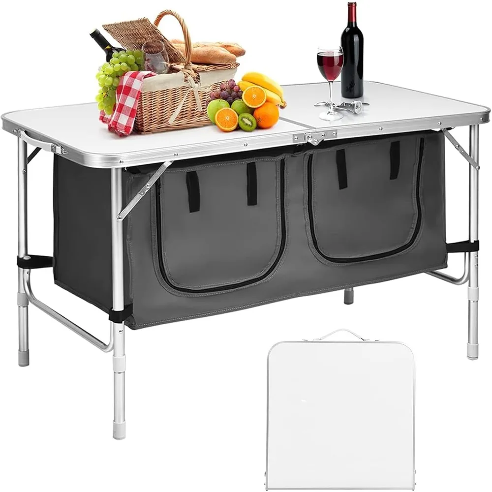 

Folding Camping Table with Storage, Portable Aluminum Folding Table Height Adjustable, Lightweight Camp Kitchen Table for Picni