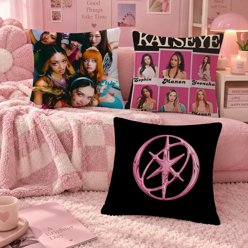 Group Pop KATSEYE Cushion Cover Soft Throw Pillow Cover Washable Plush Cushion Case for Sofa Bed Living Room