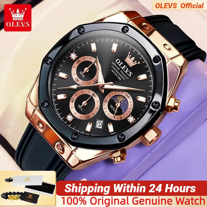 

OLEVS New Luxury Men's Watch Waterproof and Comfortable Silicone Strap Fashion Classic Timing Moon Phase Date Men's Quartz Watch