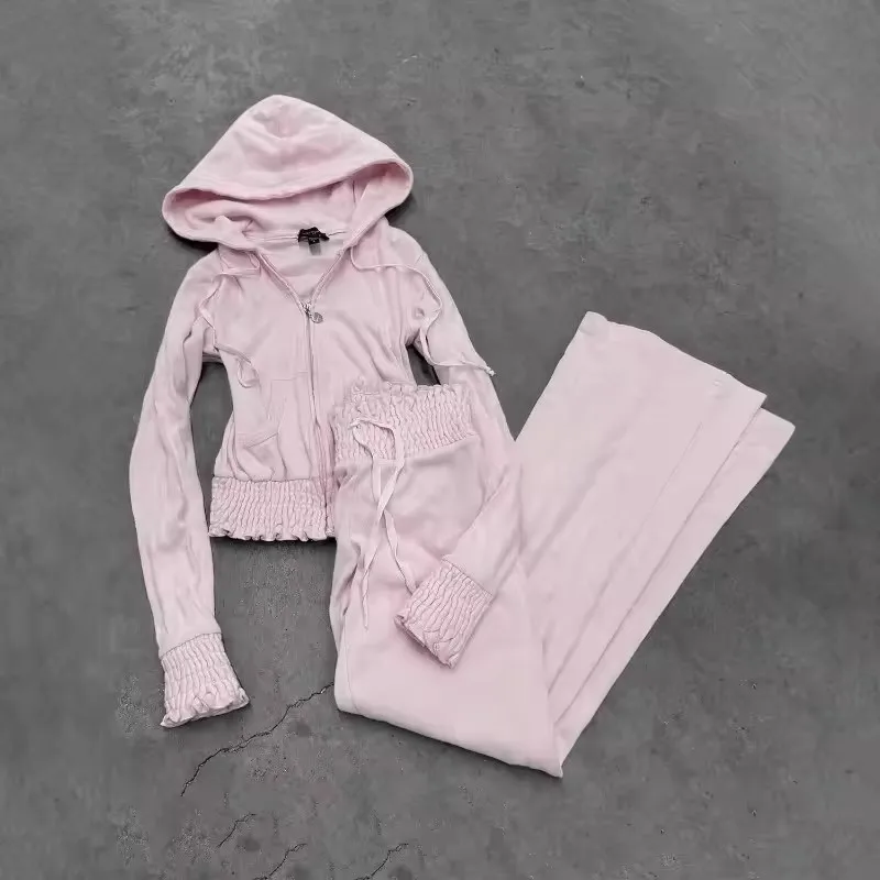 Fashion Casual Two Piece Sets Sweet Pink Hooded Sweatshirt Cardigan Coat Women Fall High Waist Loose Casual Wide Leg Pants Suit