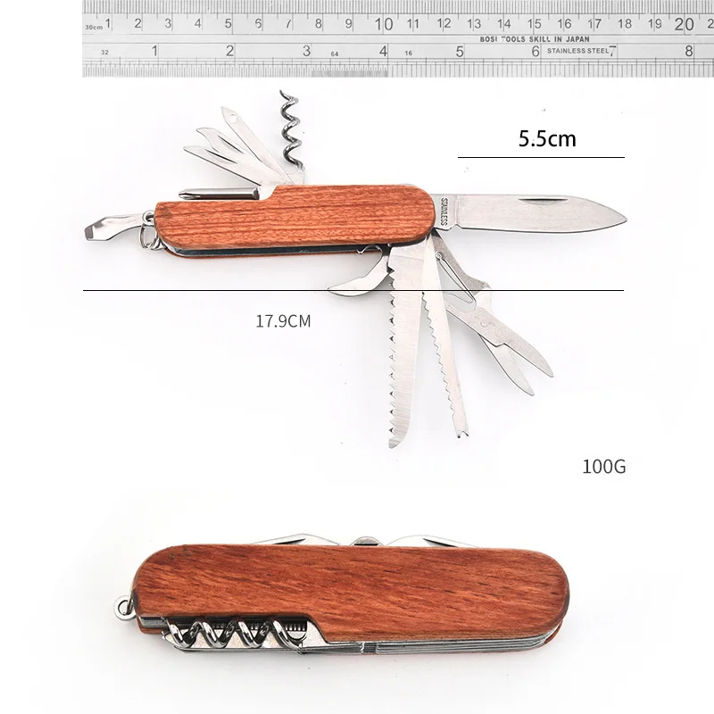 11in 1Multi -functional Outdoor Combination Tool Camping Swiss Army Knife of Wooden Handle Stainless Steel Folding Knife