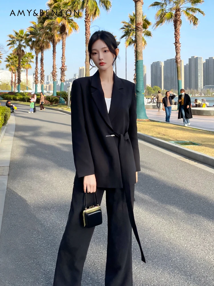 

Office Lady Black Casual Suit Women Autumn New High Sense Loose Lace-up Coat Slim Elegant Wide Leg Pants Two-Piece Set Women