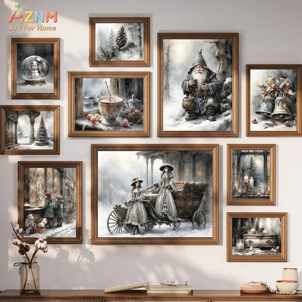 AZNM Vintage Winter Christmas Canvas Wall Art, Antique Watercolor Snow Scene Gnome Sleigh Snowglobe Bells Pine Cone Illustration