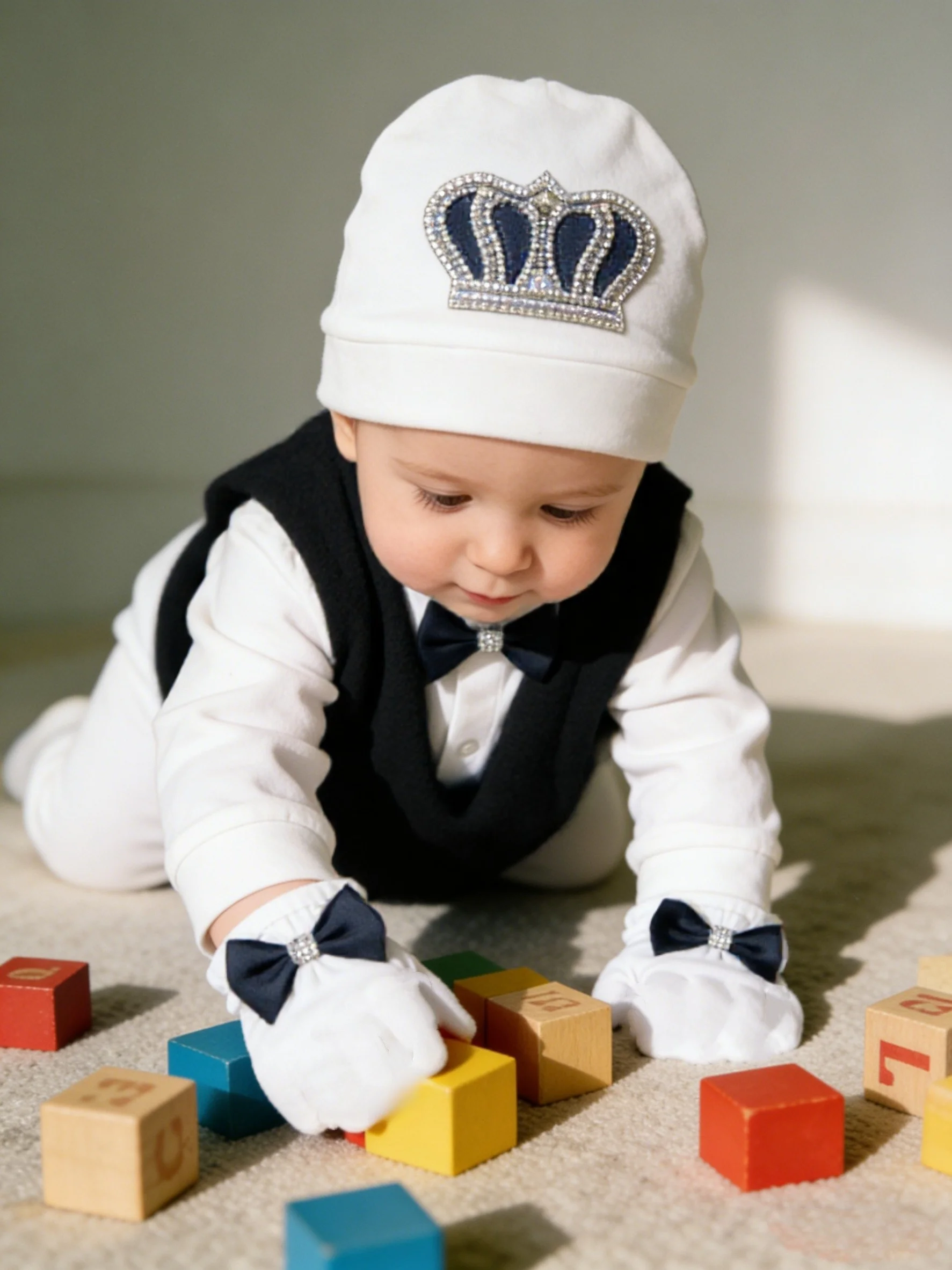 Classic Black Satin Vest Rhinestone Crown Baby Formal Suit 0-9 Months 5Pcs White Footed Romper Baptism Gift