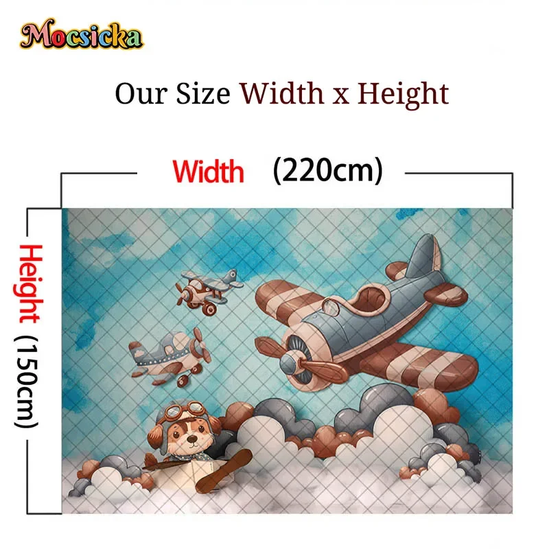 Fondo de fotografía de cumpleaños para recién nacido, avión de cielo azul, decoración de perro bonito, pastel de Baby Shower, retrato Smash, accesorios de estudio fotográfico