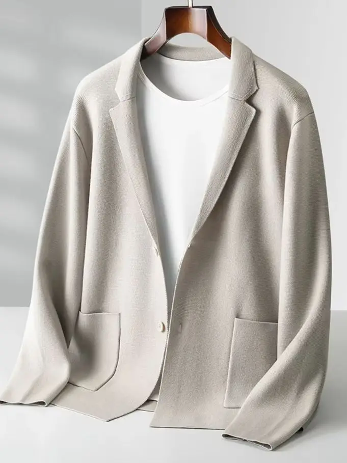 

Свитер из 100% мериносовой шерсти, мужской осенне-зимний вязаный кардиган с отложным воротником, толстая умная повседневная одежда, теплые мягкие топы с карманами