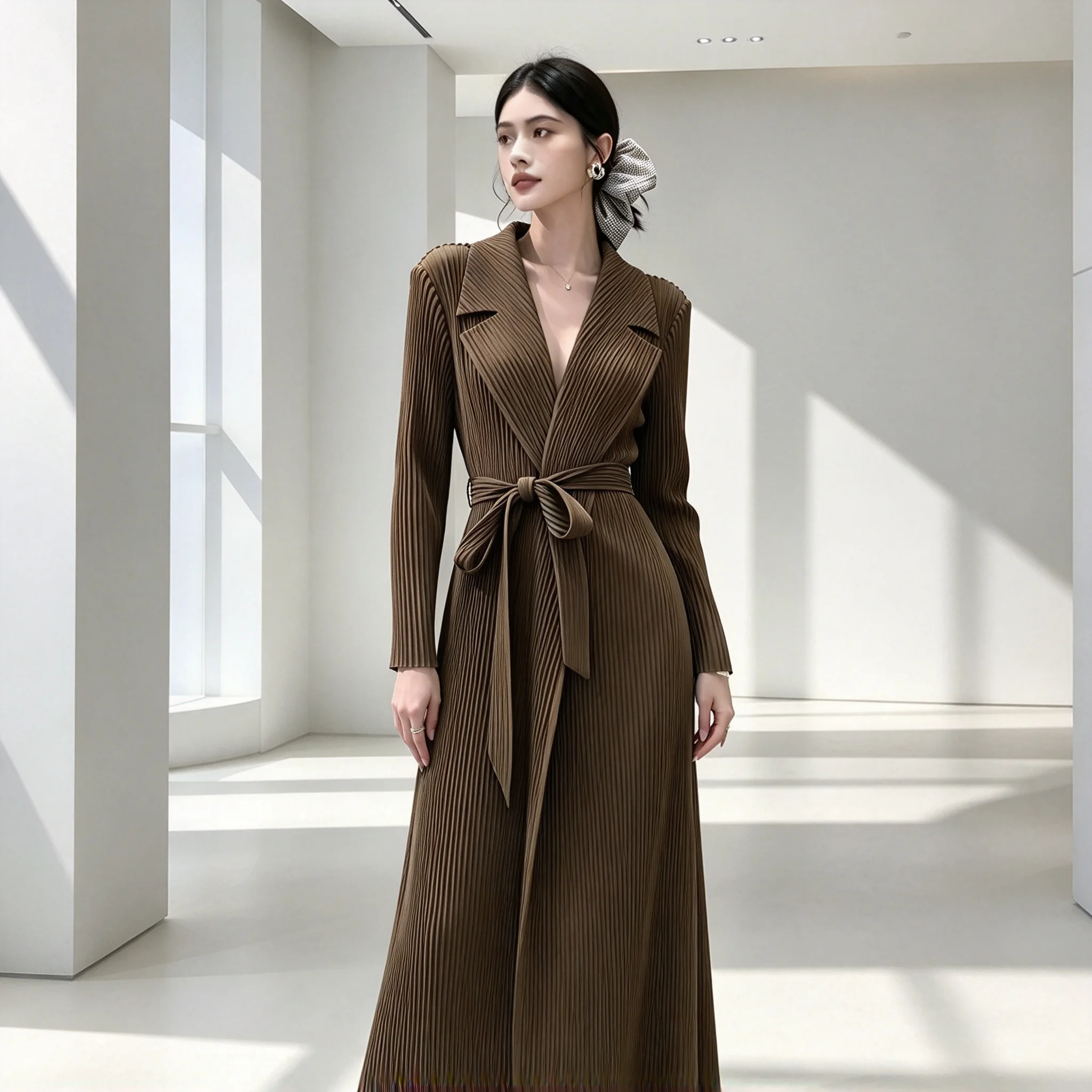 YUDX Miyake Pleated Belted Trench Coat Women Solid Long Sleeve Lapel Duster 2026 Spring Autumn Fluid Wrap Poised Charm