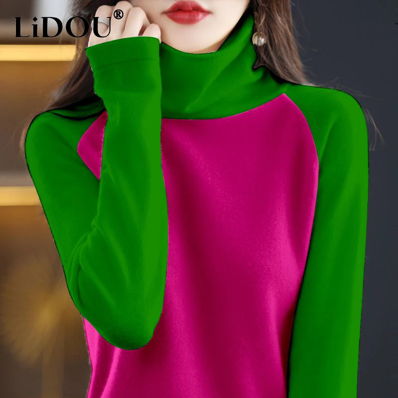 Autumn Winter High Collar Contrast Color Casual Sweater Ladies Streetwear Fashion All-match Bottoming Jumpers Women Knitting Top