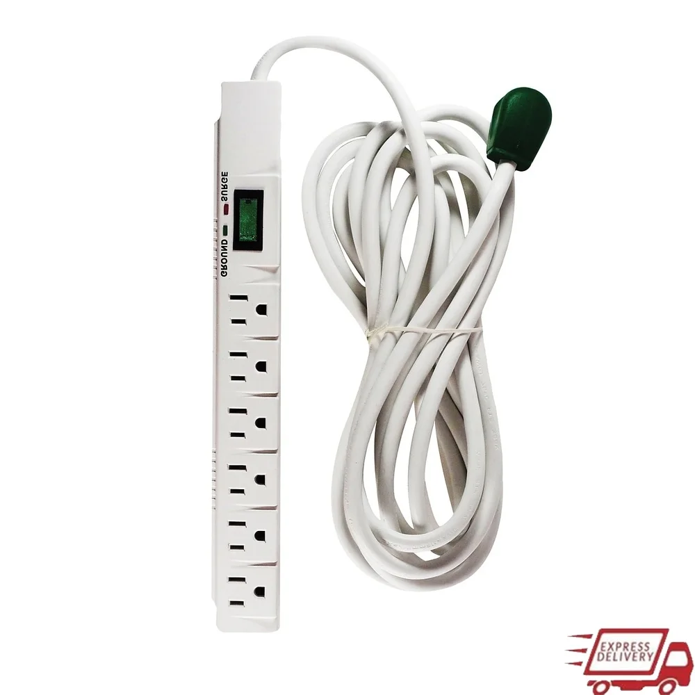 

6 Outlet Surge Protector 1200 Joules 15 ft Heavy Duty Cord Circuit Breaker Rocker Switch Surge Indicator Mountable White Power