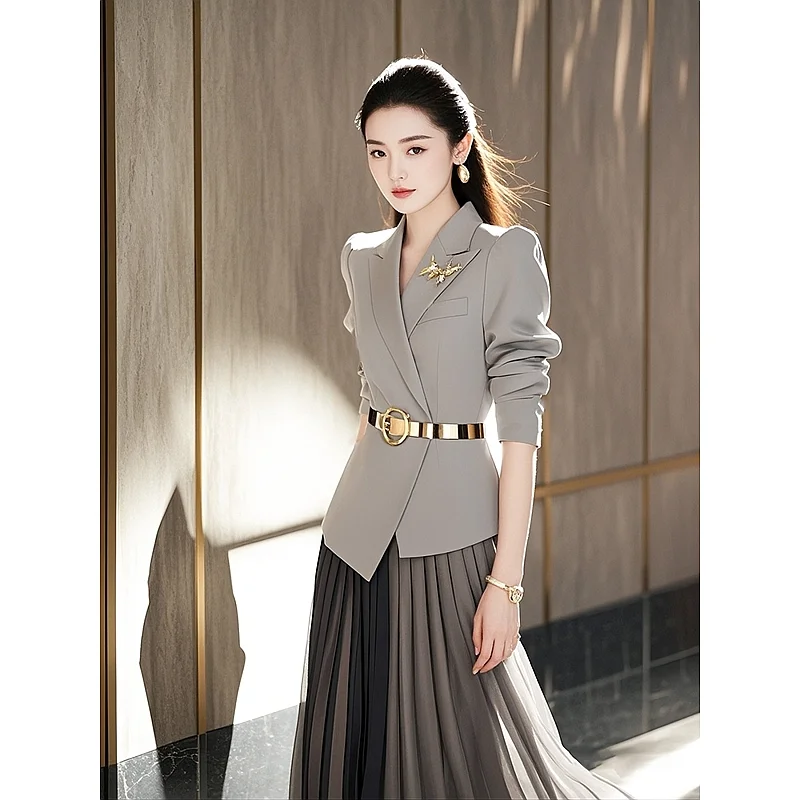

Gray Suit Jacket And Skirt Set for Women Fashionable Professional Work Commute Outfit Two-Piece Set Long Sleeve