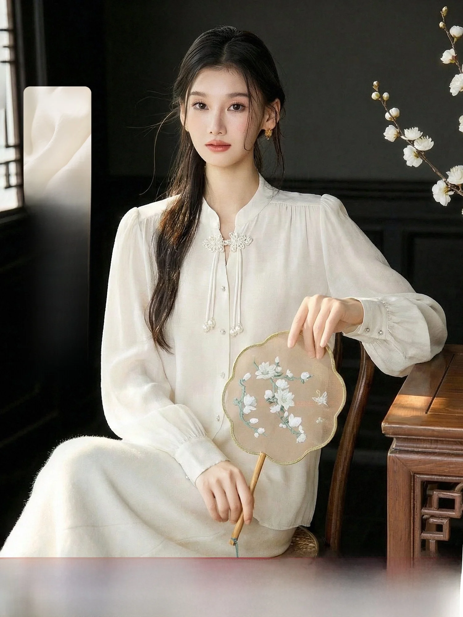 

Elegant Smooth Fabric Style Button up Shirt Women's Spring Top Lightweight Stand Collar Polyester Viscose Blend