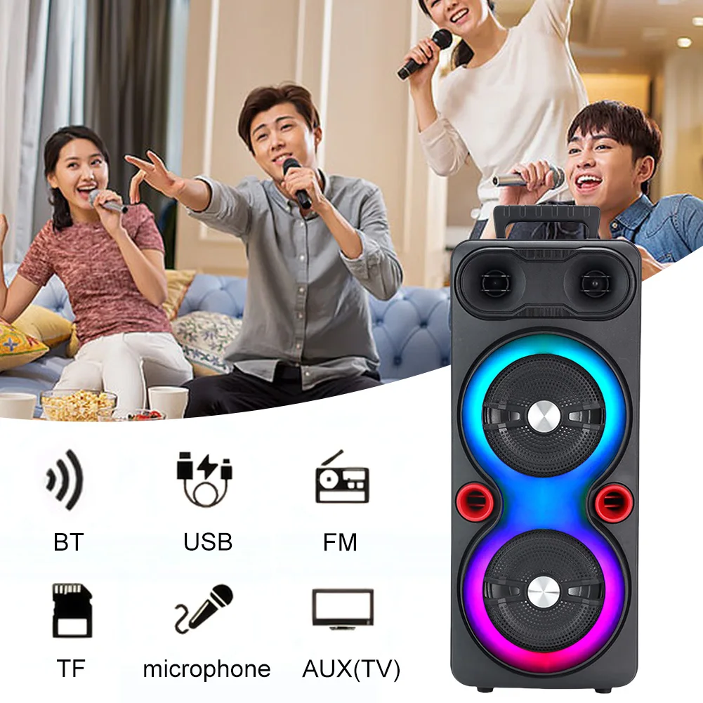 Outdoor Portable Speaker Bluetooth-Compatible 5.0 AUX Karaoke Machine Dual 6.5 inch Stereo Subwoofer with Mic FM Radio