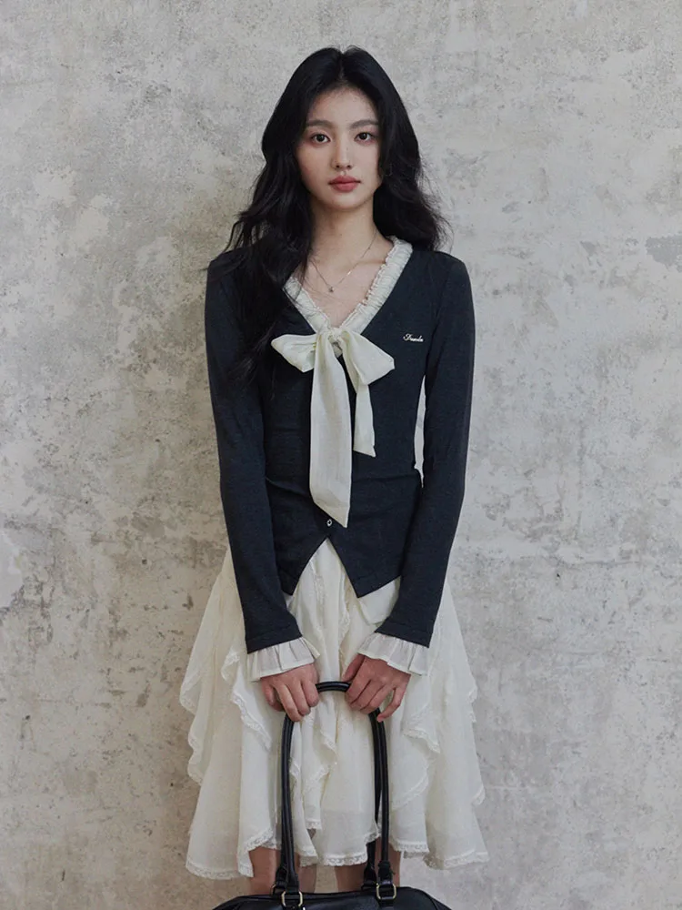 

Two eep Design【Jiaoxuan】Color Blo Knot V-Ne Knitted Open Cardigan Lace Trim Top Strap Dr Set Sweet Sle