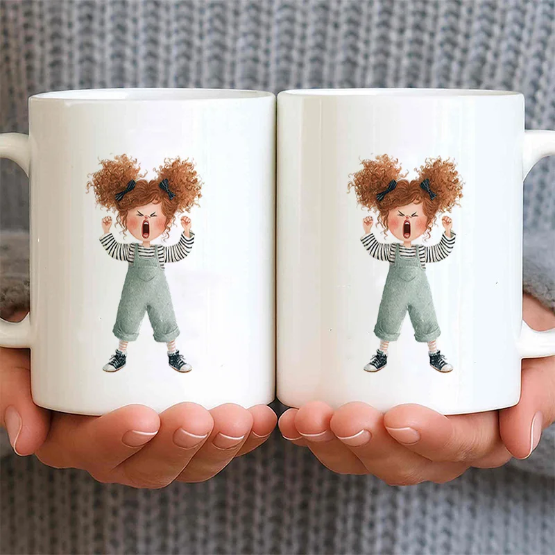 Angry Girl Cartoon Print Ceramic Coffee Mug 11oz 350ml Personalized Custom Colorful Cute Aesthetic Mug Microwave Safe Birthday G