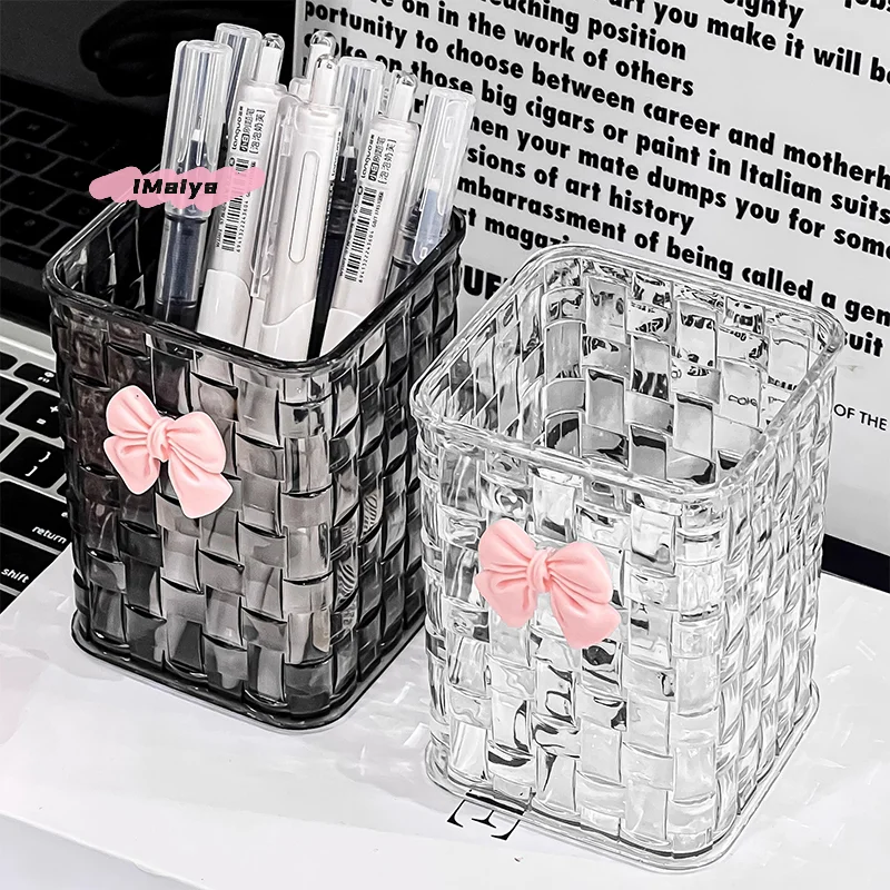 Picture 7: M-1Pc Desktop Pen Holder And Storage Box, Featuring A Bow Decoration And Storage Basket, Suitable For Storing Office Supplies