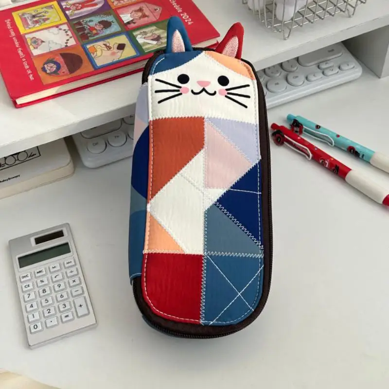 1Pcs Kawaii Patchwork Kitten Pencil Bag Big Capacity Student School Supplies Makeup Organizer Coin Wallet