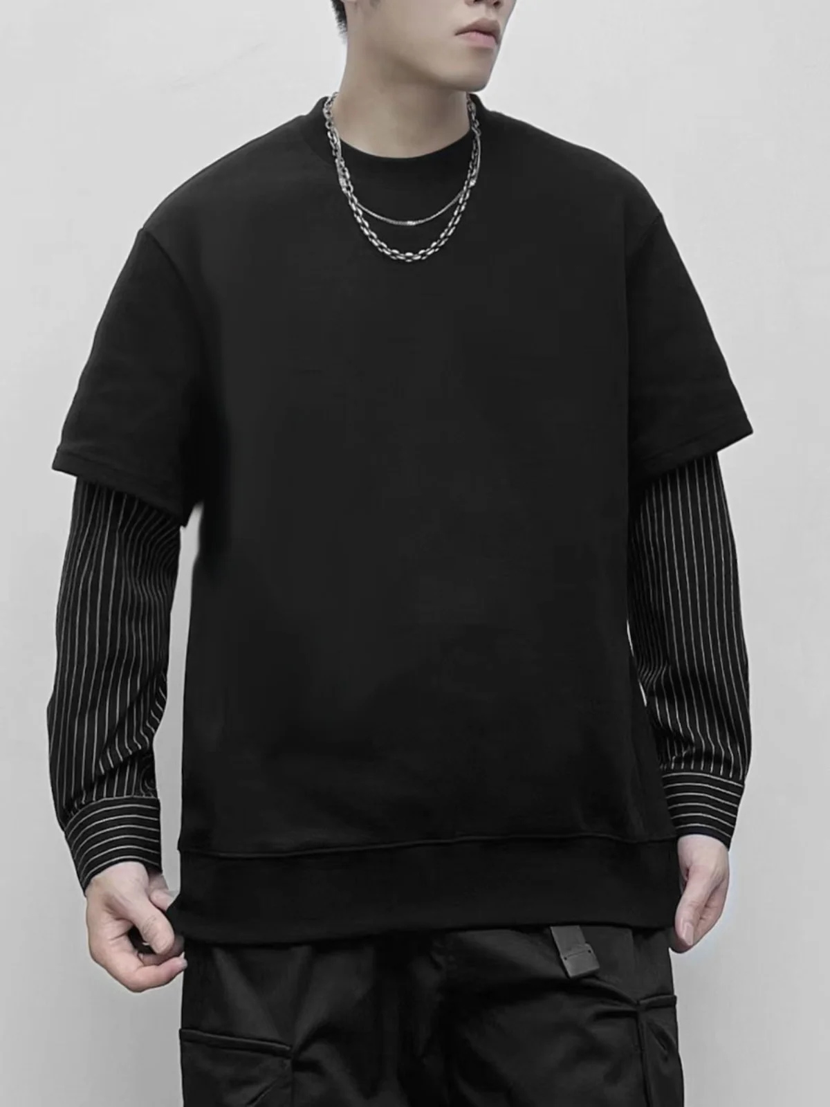 

Мужская толстовка с длинным рукавом, весна-осень, имитация двухслойности, повседневная, модная, городская, свободного кроя, молодежная, не требует глажки