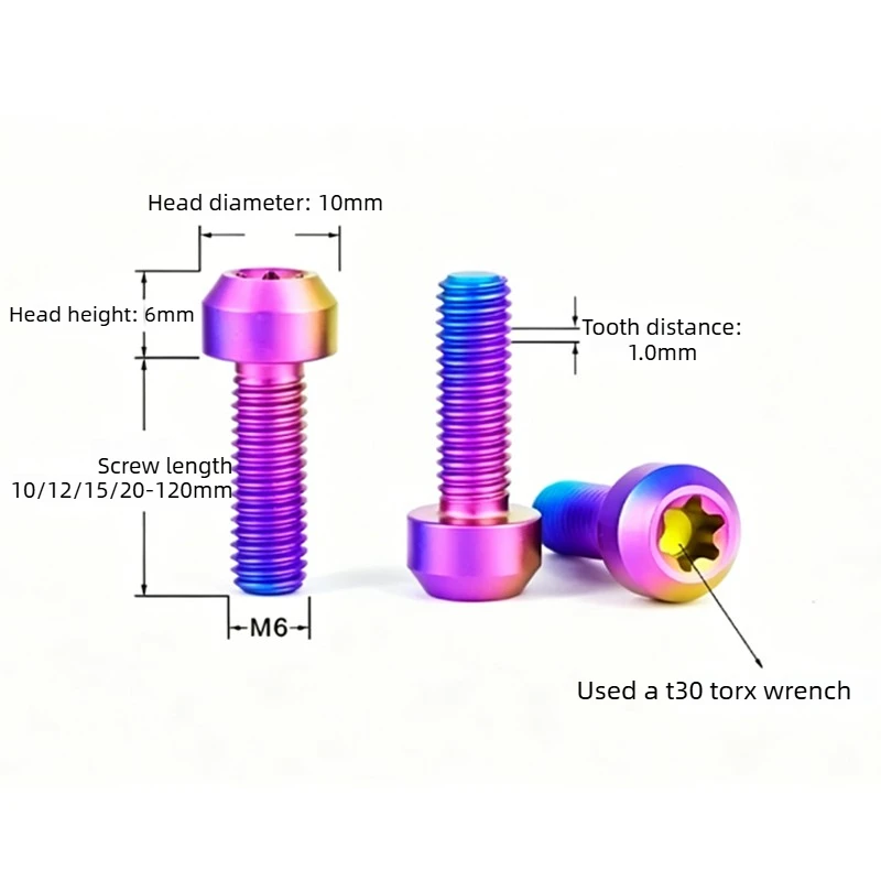 Titanium Alloy Bolt M6 Torx Chamfered Cylinder Head Screw Pitch 1.0mm Cylinder Head Screw Suitable for Motorcycle Modification