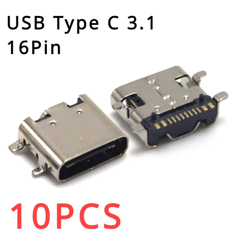 10pcs/lot 16 Pin SMT Socket Connector Micro USB Type C 3.1 Female Placement SMD DIP For PCB design DIY high current charging