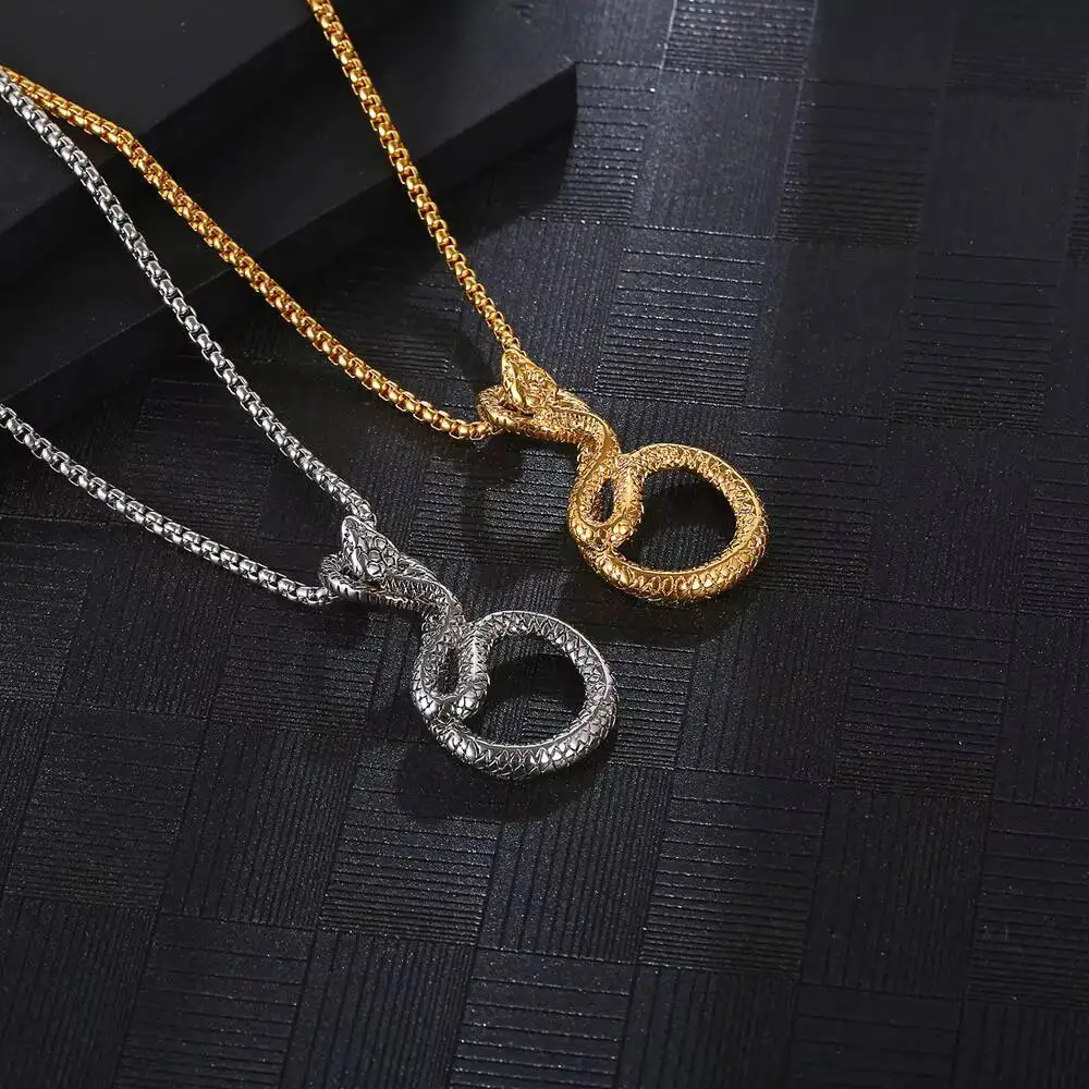 Ethnic Style Snake Shaped Surround Pendant Men Punk Rock Necklace Jewelry Gift In Stainless Steel