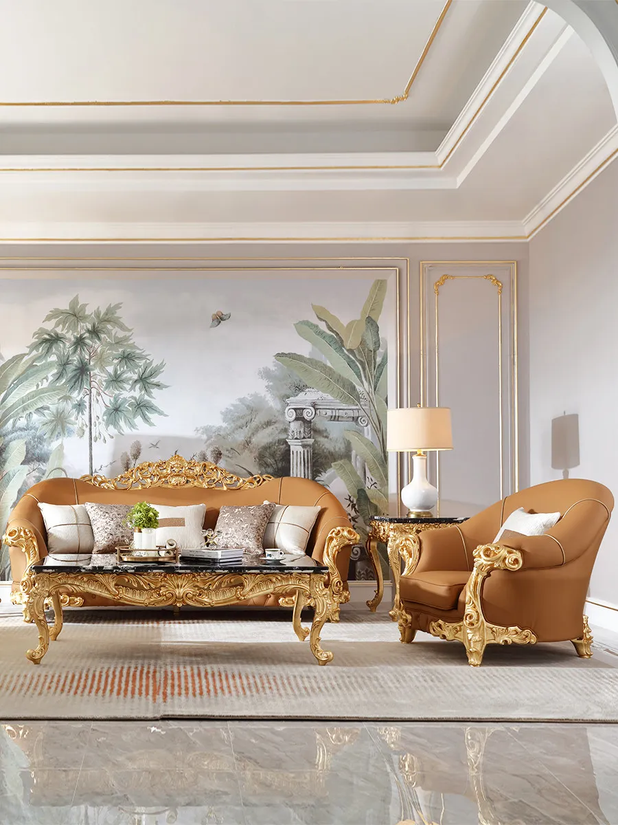 CX luxury solid wood leather, European style, villa large flat living room sofa