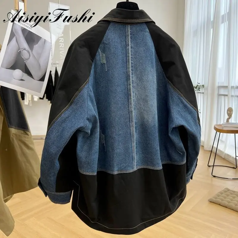 Denim costura jaqueta casual trabalho feito com ferramentas feminino duplo breasted outono e inverno meados de comprimento trench coat retro jaqueta design sentido