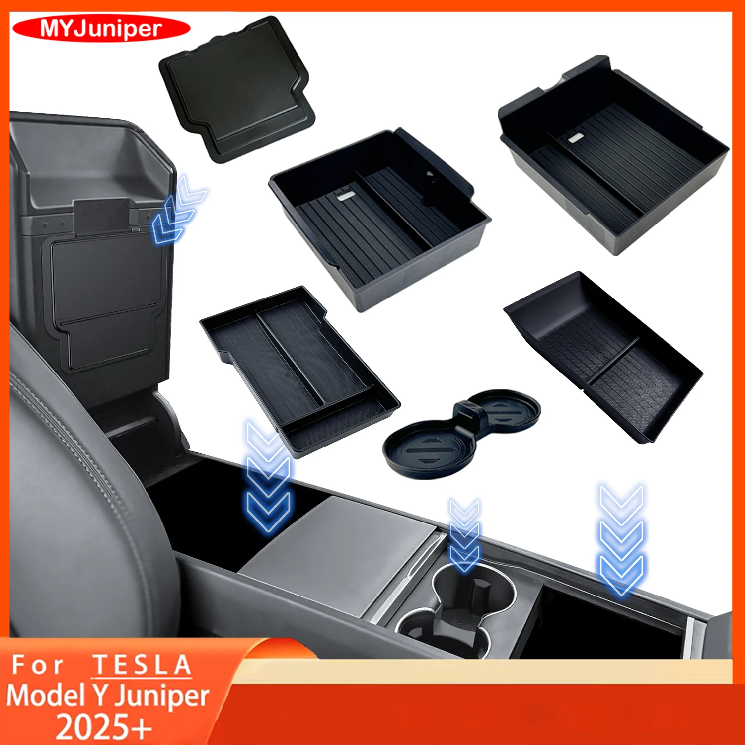 Pour Tesla Nouveau Modèle Y 2026 Launch Juniper ABS avec tapis antidérapant en silicone, boîte de rangement pour console et accoudoir, porte-gobelets supérieur et inférieur