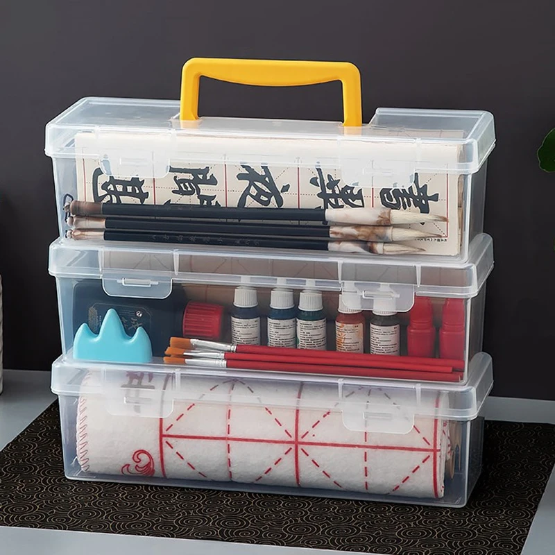 1pc Plastic Art Supplies Storage Box Transparent Durable With Handle Portable Art Tool Box Case