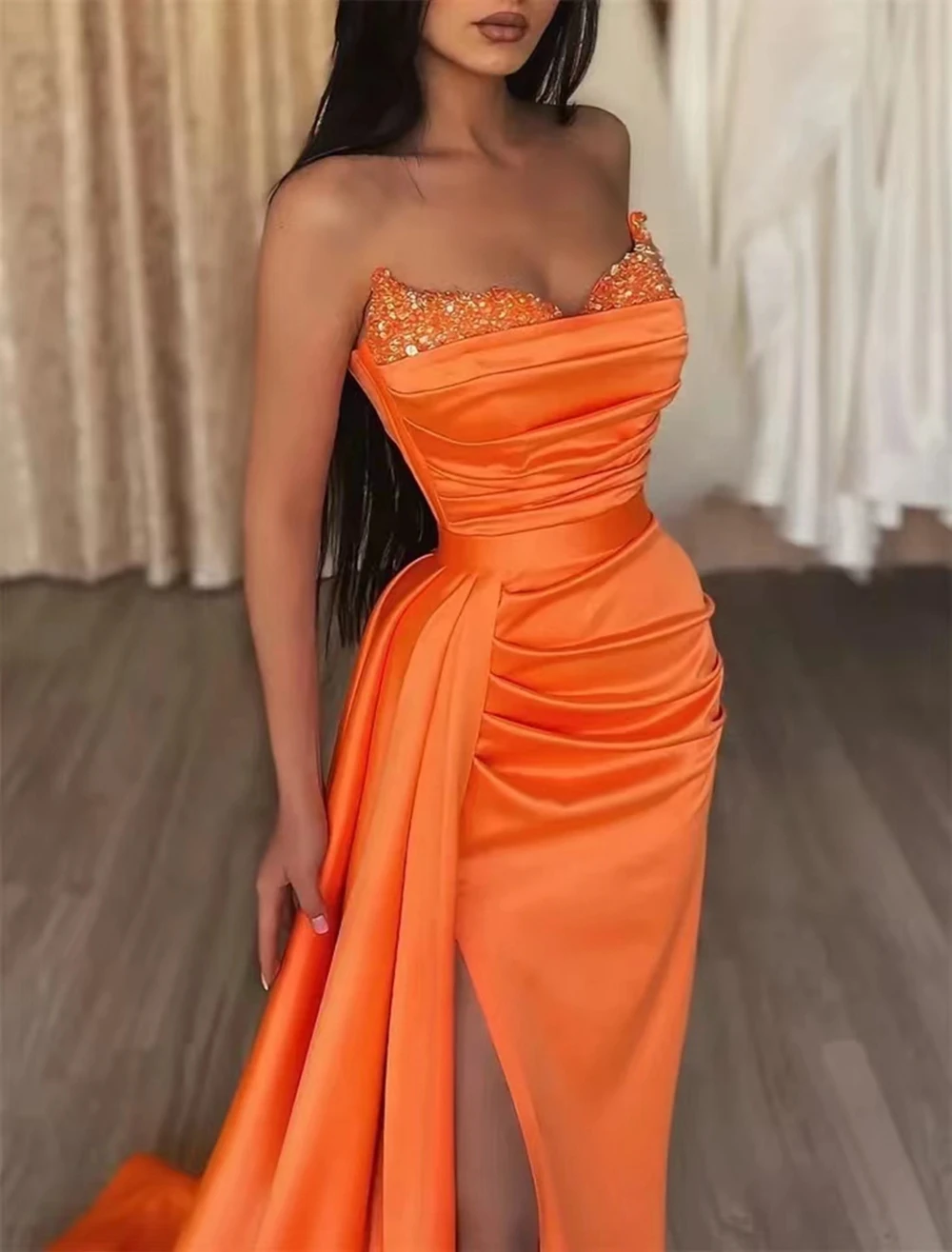 Angelsbridep Orange Mermaid Evening Dress Beaded Off Shoulder Bodycon Ruched Formal Prom Gowns Pleated Side Slit Celebrity Dress