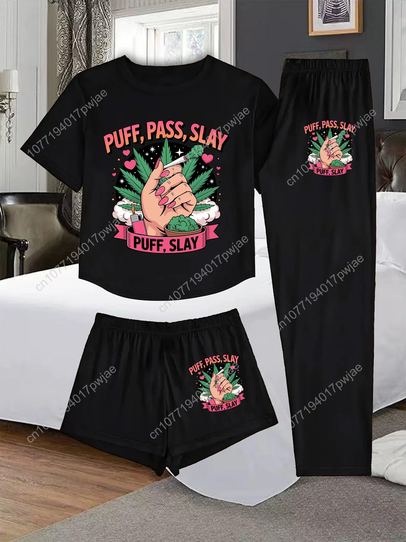 Conjunto de pijama con estampado de hojas y papel rodante de 3 piezas para mujer, ropa de dormir con diseño de hojaldre, paso y enchufe, conjunto de salón 100% con noche de hojas a juego