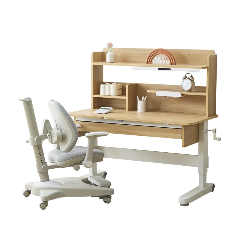 Hand cranked lifting platform with bookshelf storage for children's learning