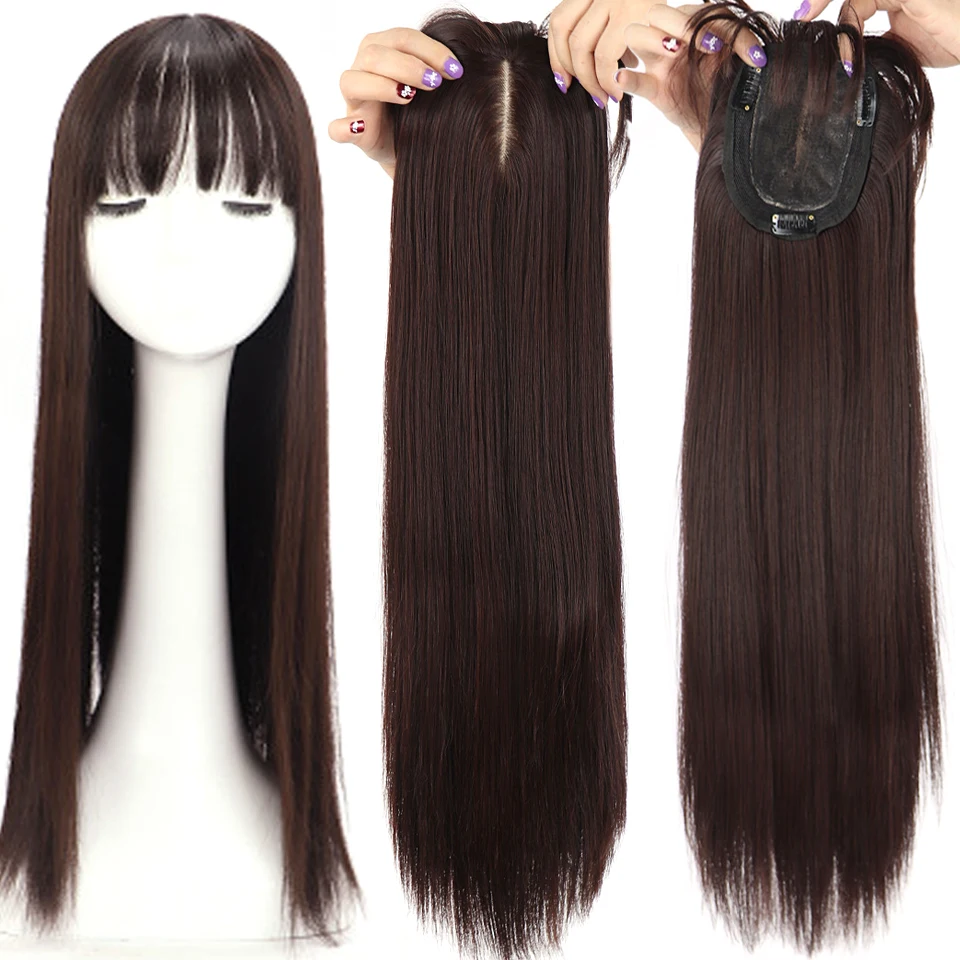 

24inch Hair Topper Synthetic Long Straight / Wavy Hairpiece Closure Clip for Covering White Hair 3D Bangs Replacement Hair Piece