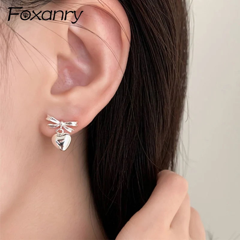 Foxanry Bowknot Love Heart Drop Earrings For Women Girl Simple Trendy Classic Sweet Exquisite Elegant Wedding Bride Jewelry Gift