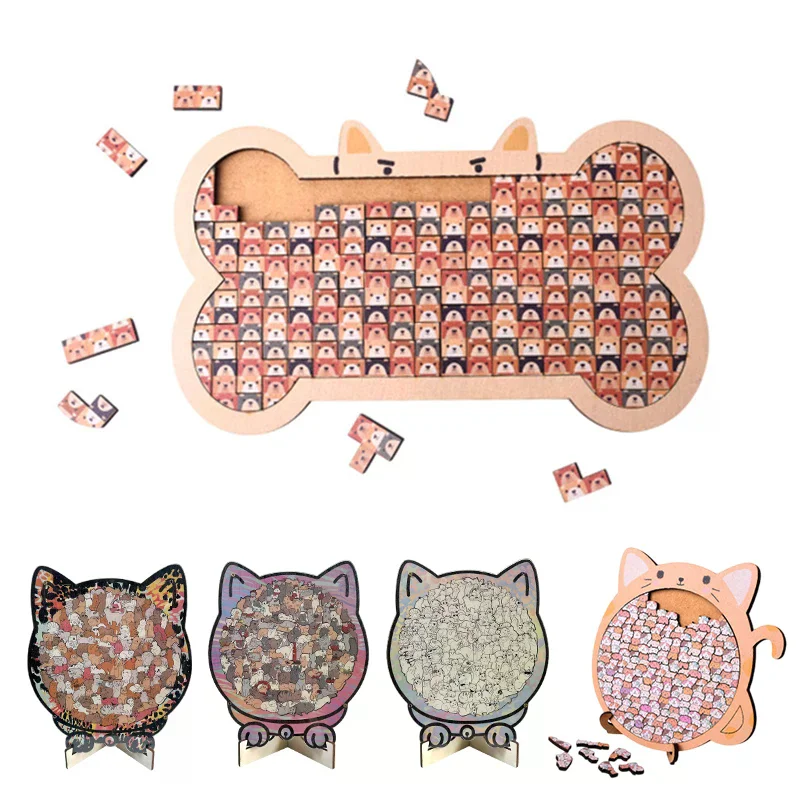 Cat-Shaped Wooden Puzzle Bone-Shaped Jigsaw Puzzle Irregular Unique Animal Pieces Decorative Gift Stress Relief Home Decor