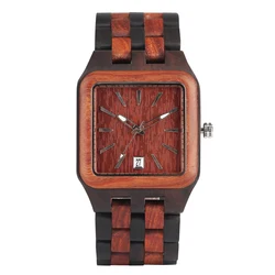 Vintage Stylish Square Auto-Date Display Dial Quartz Men's Wristwatches Ebony Red Wood Full Wooden Bangle Male Timepiece