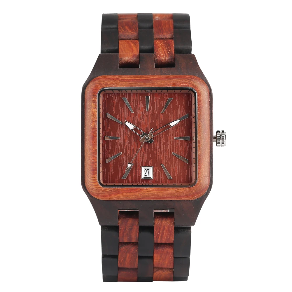 Vintage Stylish Square Auto-Date Display Dial Quartz Men's Wristwatches Ebony Red Wood Full Wooden Bangle Male Timepiece